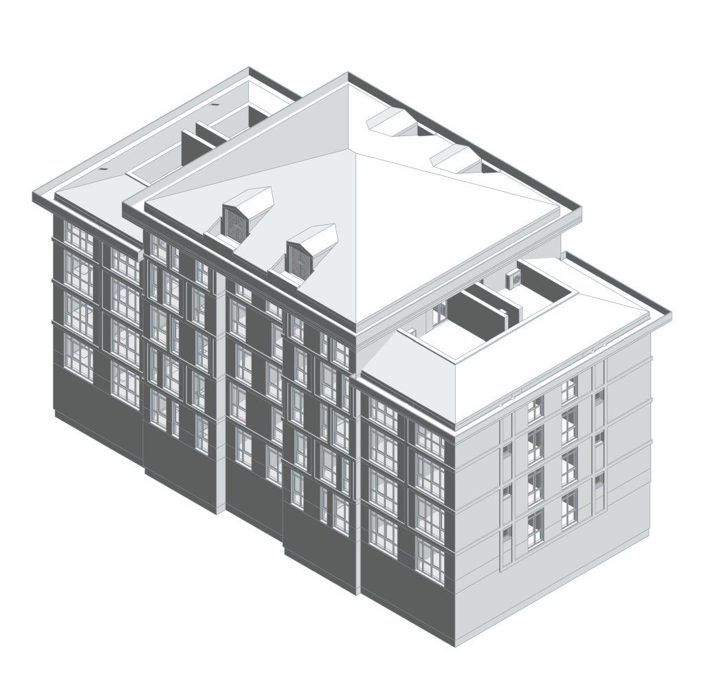 Konut Arnavutköy — gerçek Revit geometrisinden soluk aksonometrik görünüş.