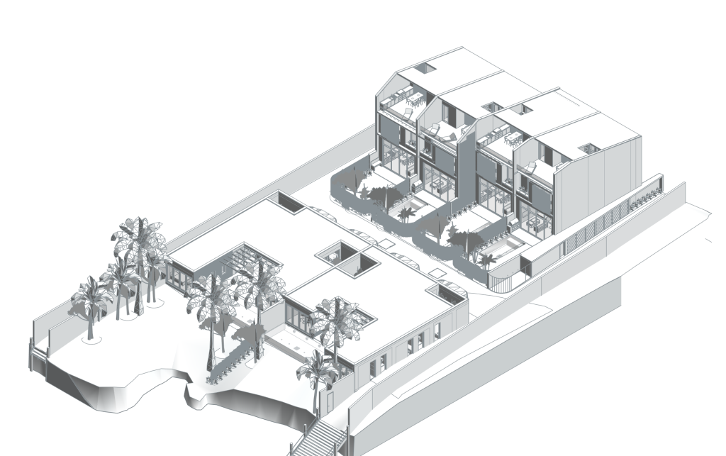 Chukwani Villas — konut kütleleri, iç bahçeler ve teras düzeninin gerçek Revit yerleşim aksonometrisi.