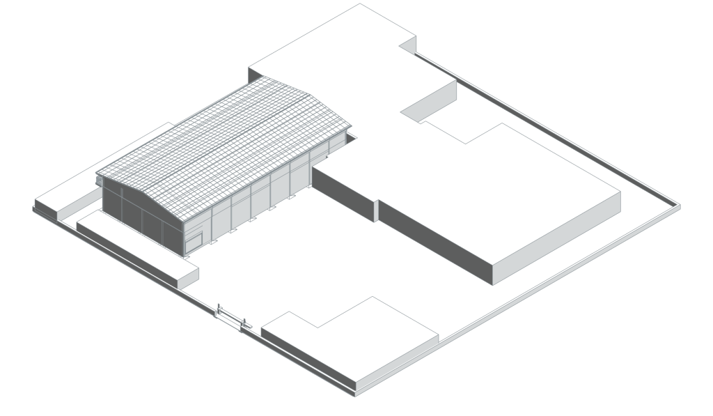 İşletme Danet Fabrikası Afyon Merkez Rölöve ve Yeniden İşlevlendirme — gerçek Revit geometrisinden soluk aksonometrik görünüş.