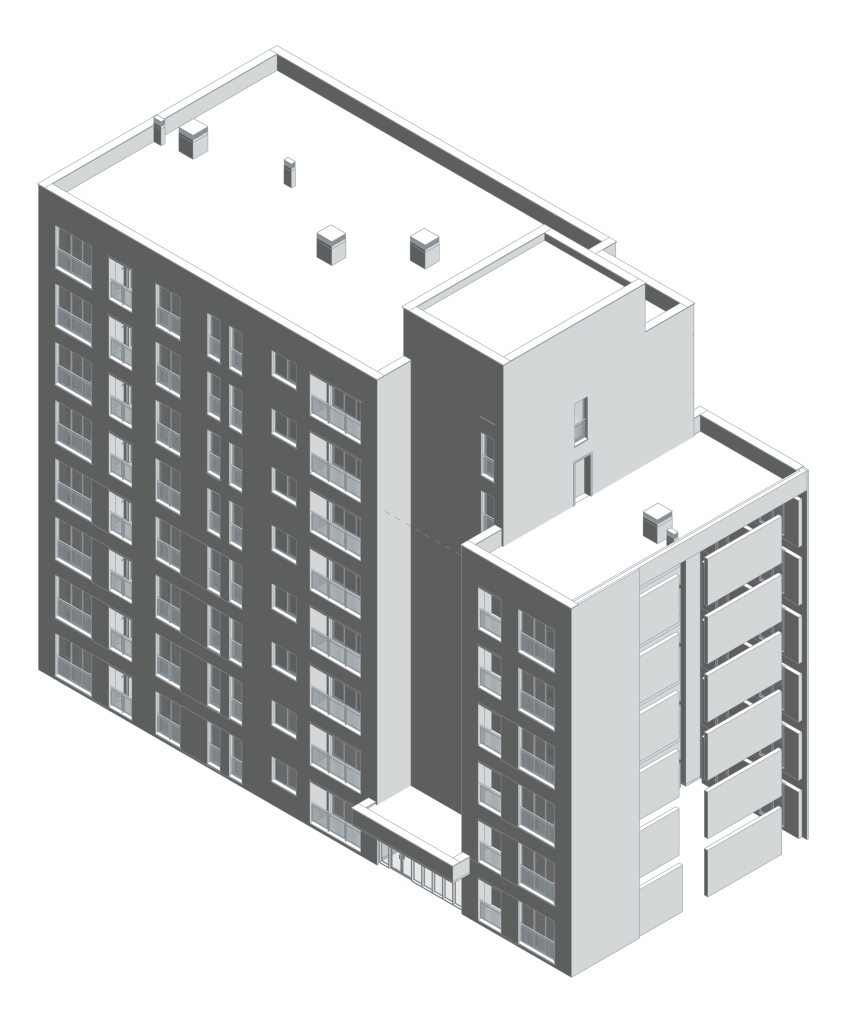Yalnız tek A1 blok kaynak modelinin Revit aksonometrisi. Tasarım müellifi: Barbata Mimarlık. BIM ve uygulama: Parametrically.