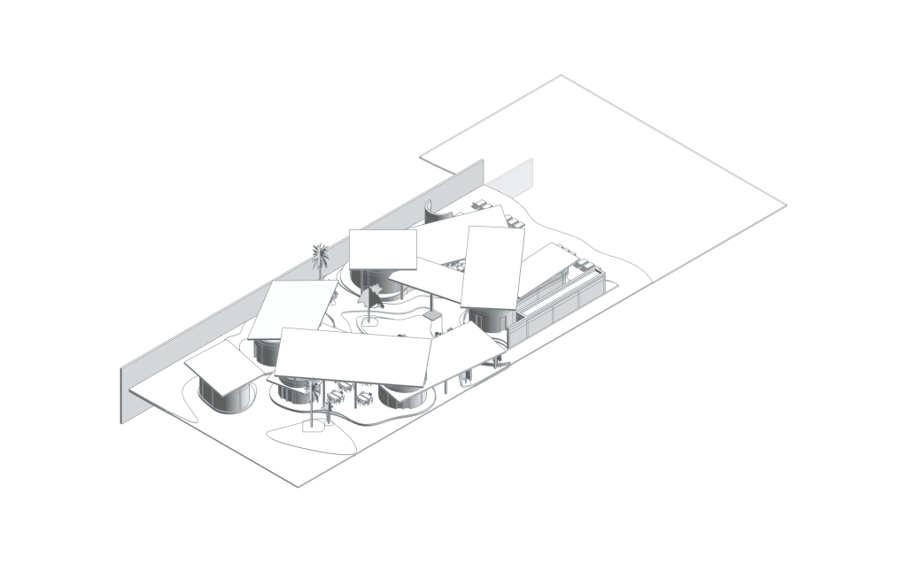 Kite Center — gerçek Revit geometrisinden soluk aksonometrik görünüş.