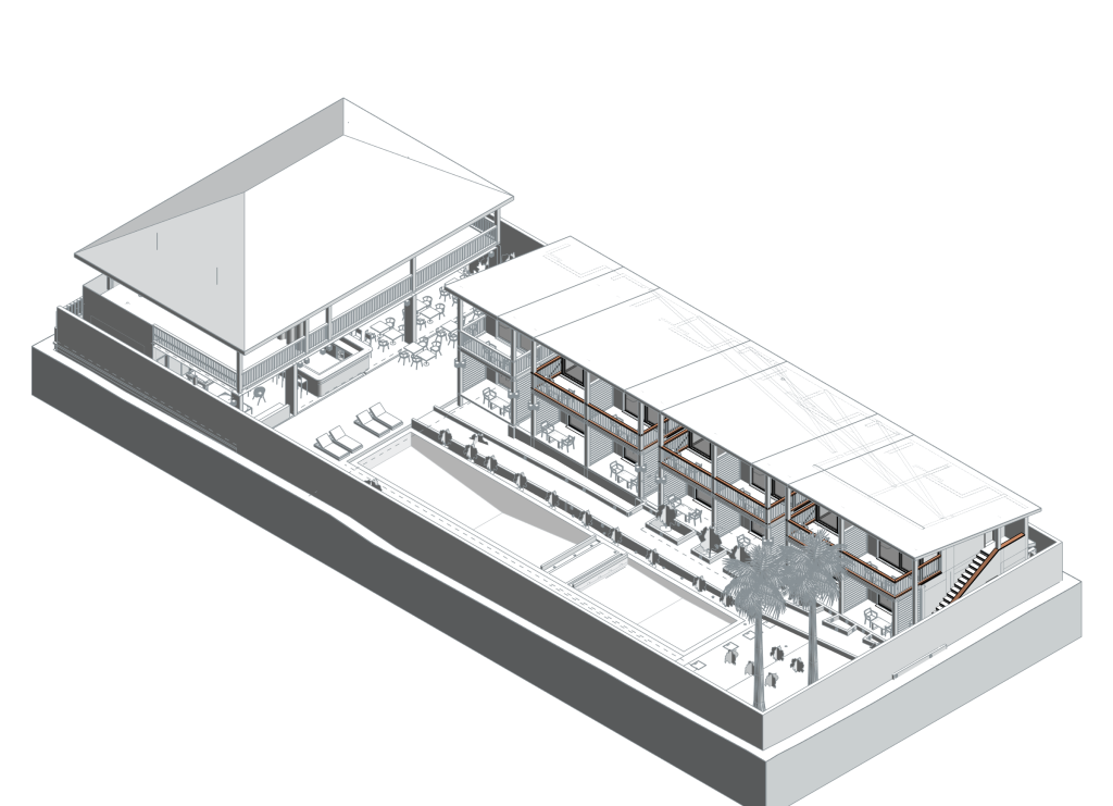 Kiwengwa Butik Otel Konsepti: gerçek Revit geometrisinden beyaz zeminli soluk aksonometrik görünüş.