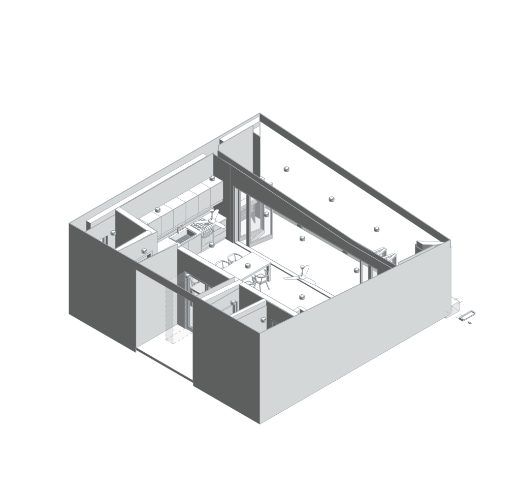 Ahmet Kwengia / Kiwengwa — MAIN ROOM ortak yaşam ve servis modülünün gerçek Revit geometrisinden çatı/tavan gizlenmiş soluk aksonometrik kesiti.
