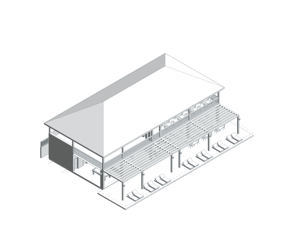 Maisha Hotel — gerçek Revit geometrisinden soluk aksonometrik görünüş.
