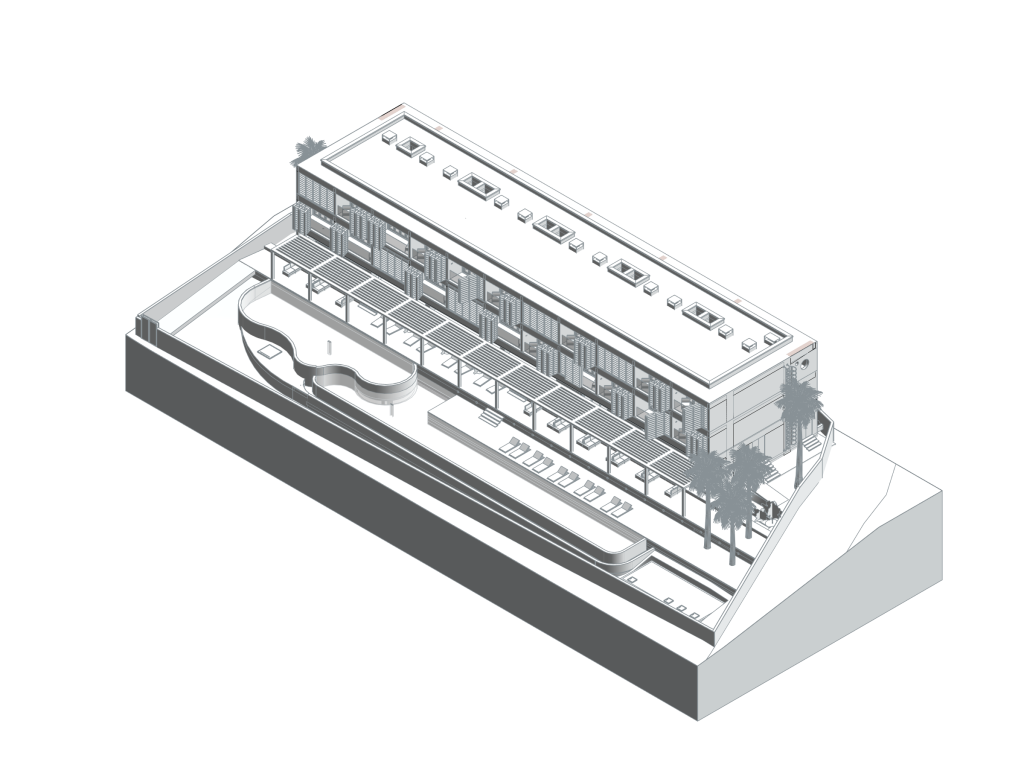 Meijec House — gerçek Revit geometrisinden soluk aksonometrik görünüş.