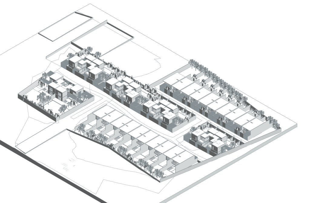 Paje – Marc with Vines — konut dizileri, bahçeler ve yerleşim dolaşımının gerçek Revit aksonometrisi.