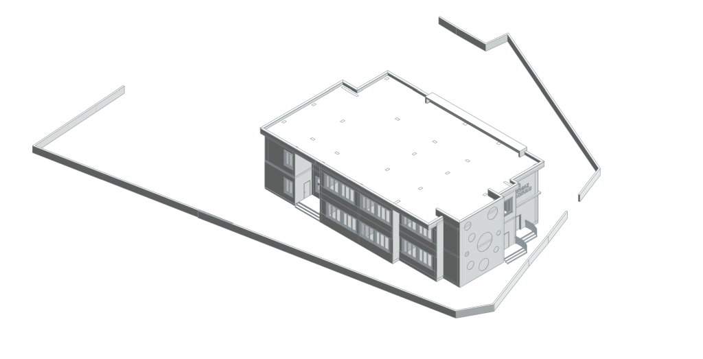 Sarıyer Anaokulu — iki katlı eğitim yapısının ve mevcut bahçe sınırlarının gerçek Revit aksonometrisi.