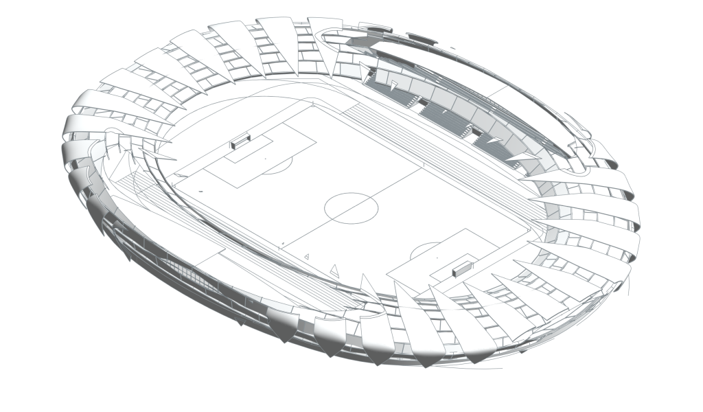 Swirl House Stadium — saha, tribün ve ritmik kabuk geometrisinin native Revit aksonometrisi; yükseltmede bazı form örnekleri otomatik onarıldı.
