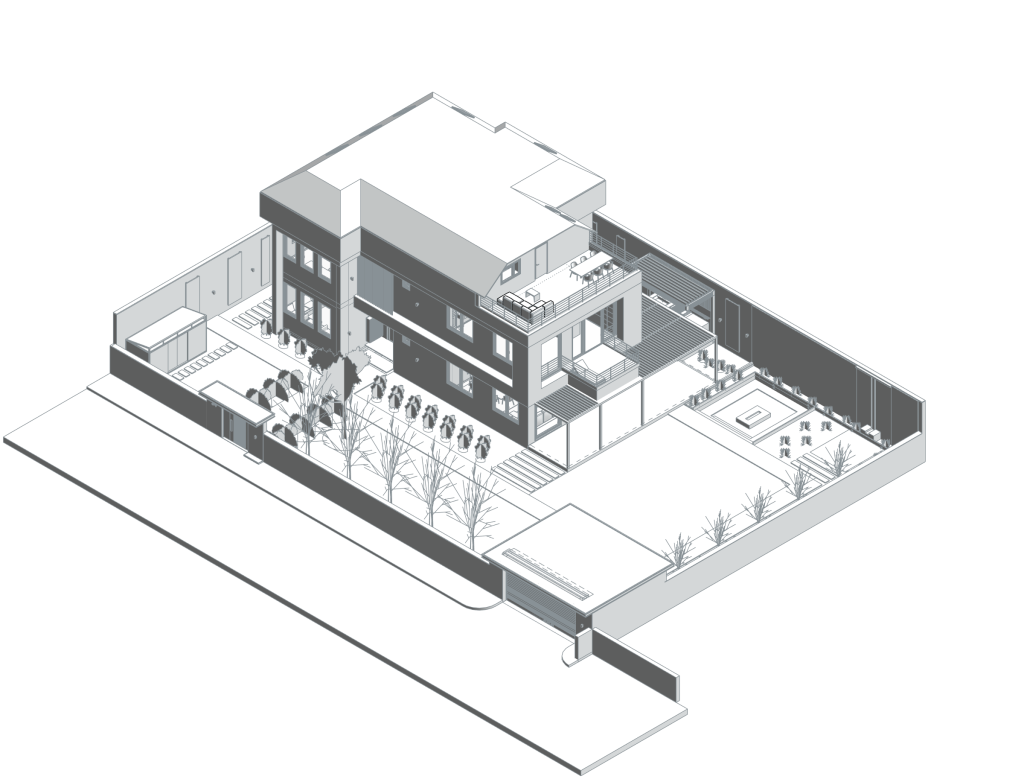 Y Evi — Ömerli: gerçek Revit geometrisinden beyaz zeminli soluk aksonometrik görünüş.