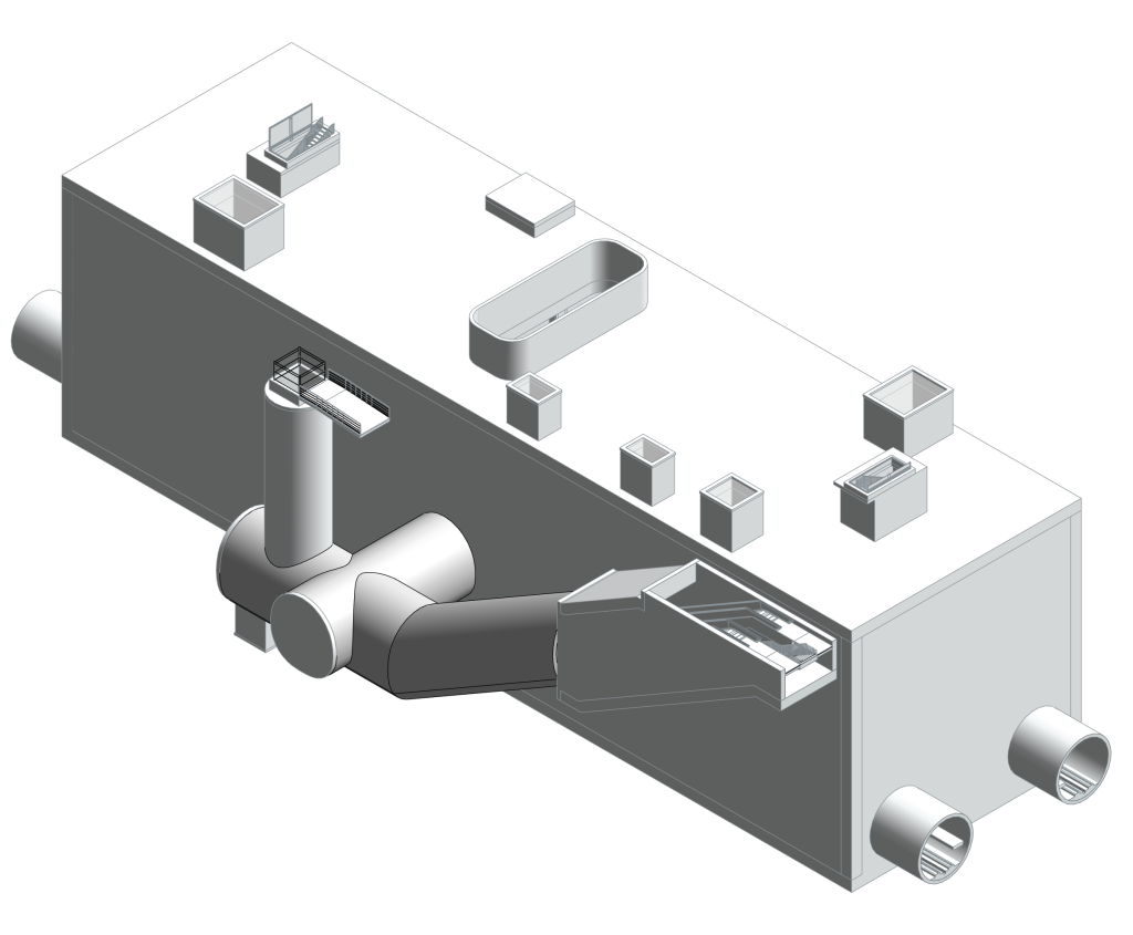 YHT Gar–Etlik–Şehir Hastanesi–Ovacık Raylı Sistem Hattı: gerçek Revit geometrisinden beyaz zeminli soluk aksonometrik görünüş.
