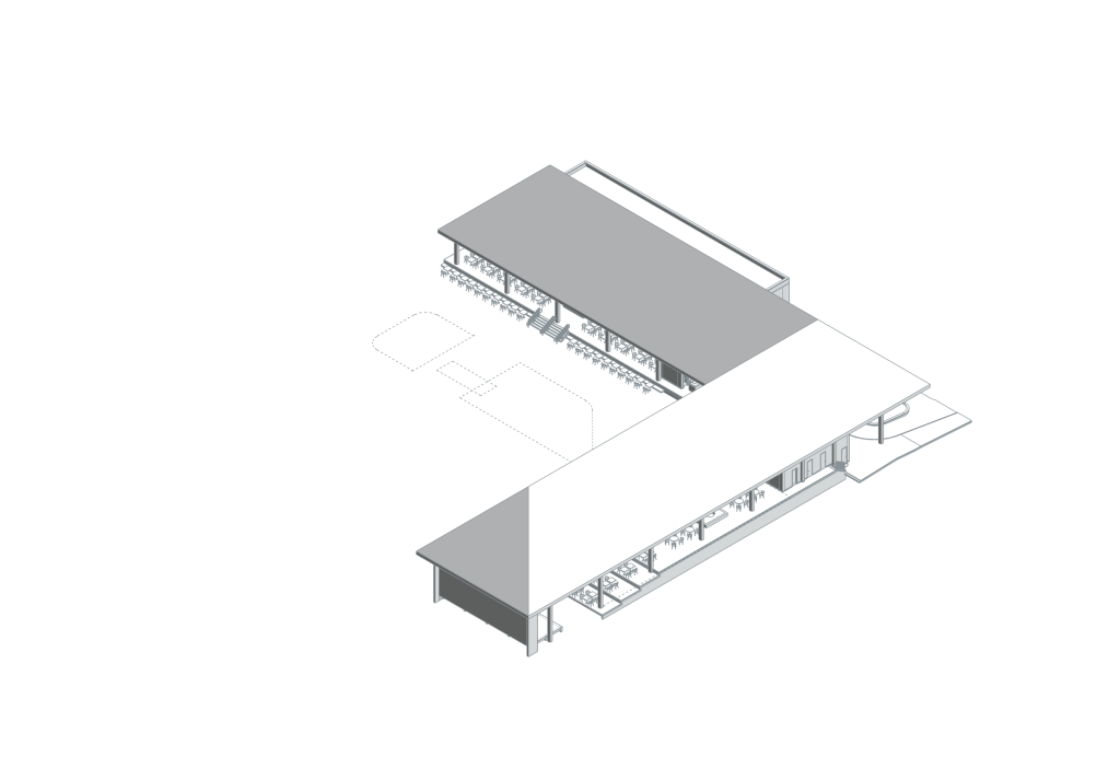 Zanpro Hotel — mevcut ana giriş ve ortak kullanım kanatları; native BIM aksonometrisi.