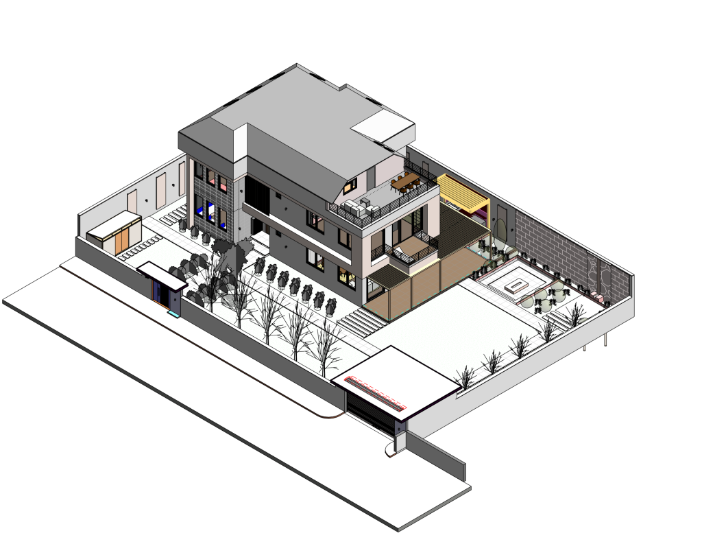 Y Evi — Ömerli: bahçe, teras ve yapı ilişkisini gösteren Revit genel model görünüşü
