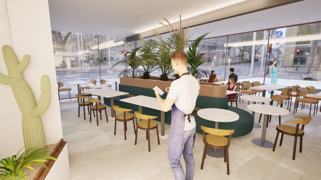 Masa ve sandalyeler, bank oturma bölümü ve bitkilerle düzenlenmiş restoran içi