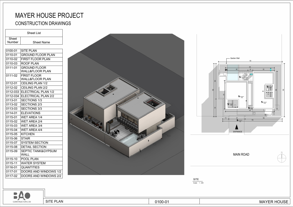 müstakil konut modeli, çevre duvarları içinde yer alan iki ana kütleyi ve giriş yönünü gösteren 3D görünüş ile vaziyet planı.