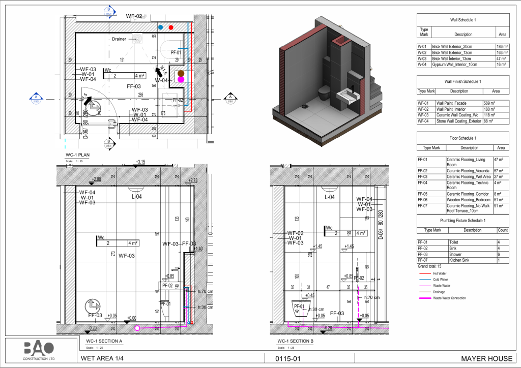 Islak hacim planları ve 3D detay görünüşü