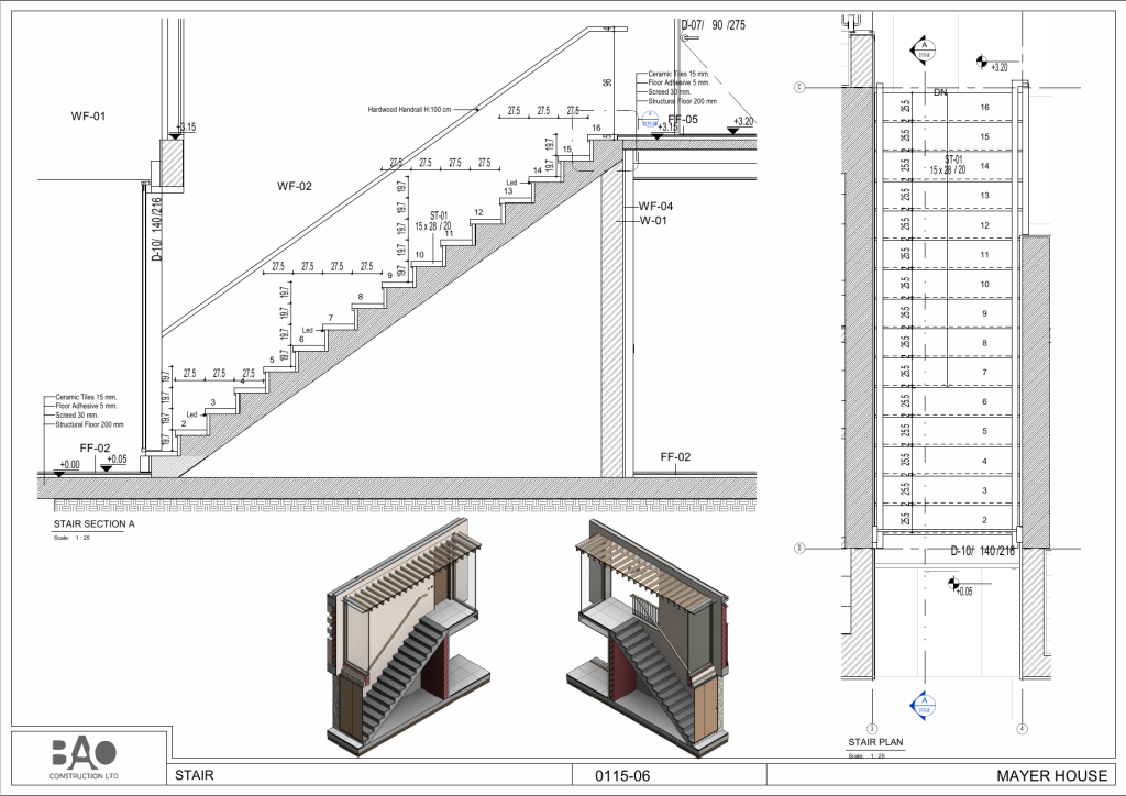 Merdiven kesiti, planı ve 3D detay görünüşü